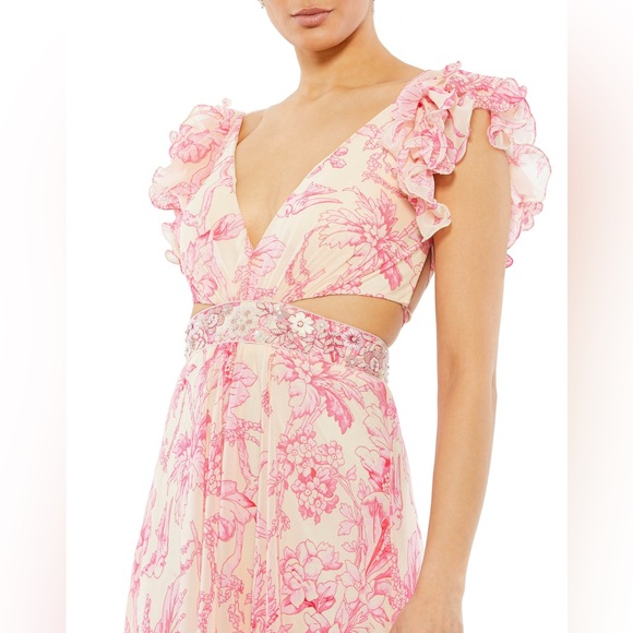 Mac Duggal Floral Flutter Cap-Sleeve V-Neck Lace-Up Gown Size 12 - Picture 8 of 8